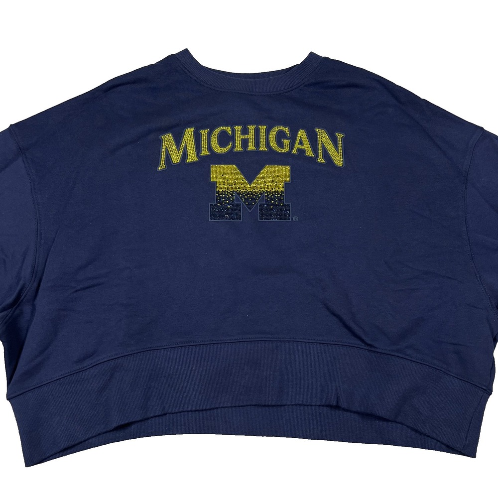 Pro Standard Womens Navy Michigan Wolverines Sequin Boxy Cropped Sweatshirt NWT